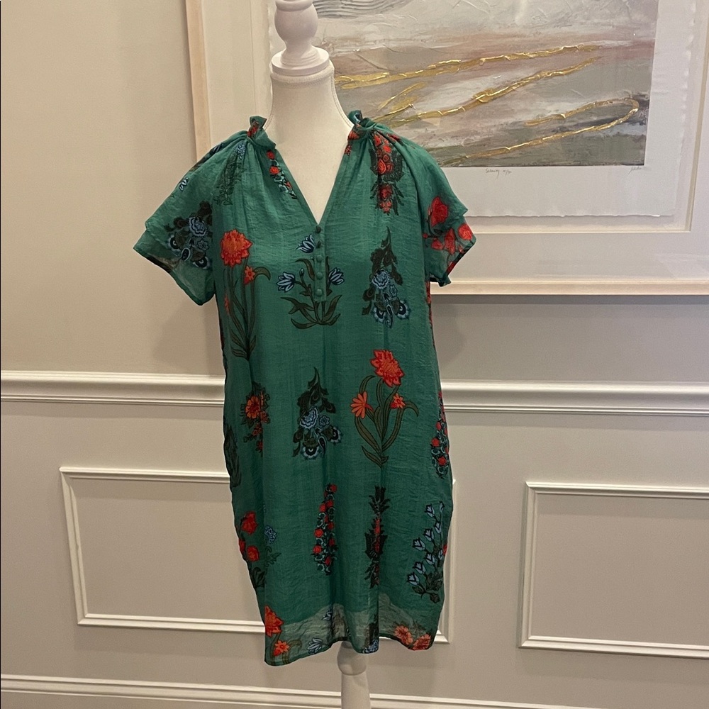 THML Green Mini Dress with Red and Green Floral Design